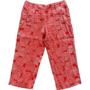 Willi Smith Women's 100% Linen Crop Capri Pant 10 Red Swirl Print Art Deco Artsy